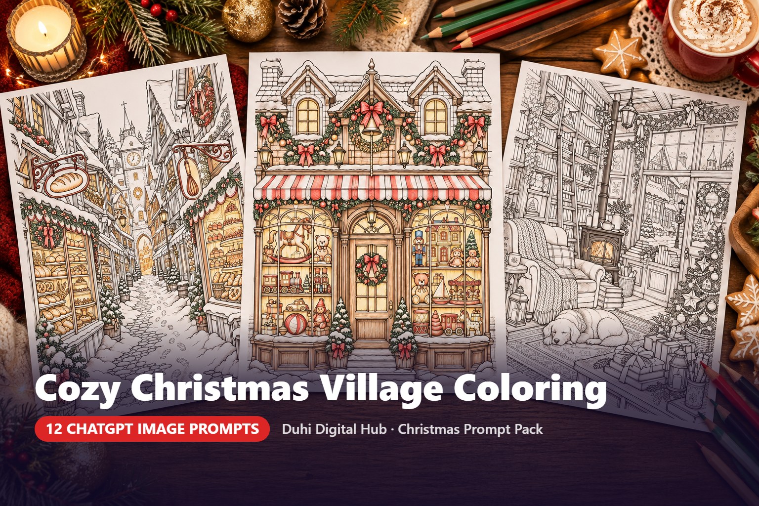 Cozy Christmas Village Coloring Prompts