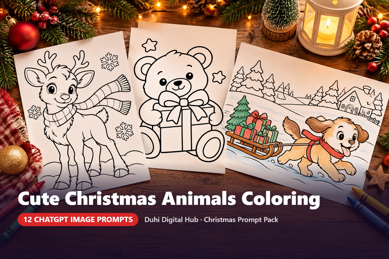 Cute Christmas Animals Coloring Prompts